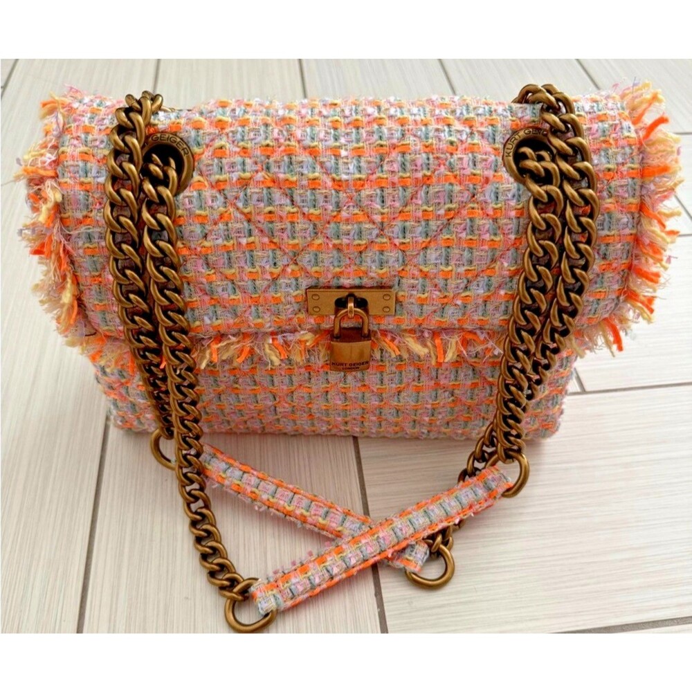 Kurt Geiger Tweed Brixton Lock Bag Lilac Orange Chain Strap NWOT